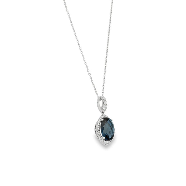 9ct White Gold London Blue Topaz & Diamond Pendant - 16/18"