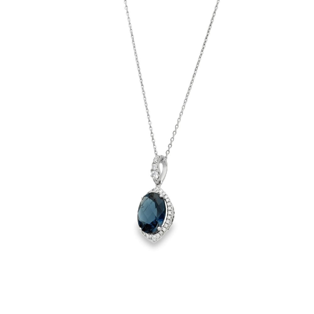 9ct White Gold London Blue Topaz & Diamond Pendant - 16/18"