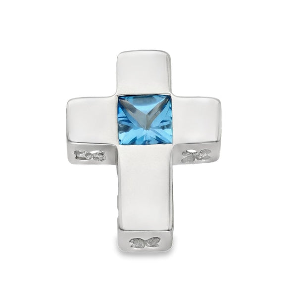 18ct White Gold Blue Topaz Cross Pendant - 17x22x6mm - 6.5g