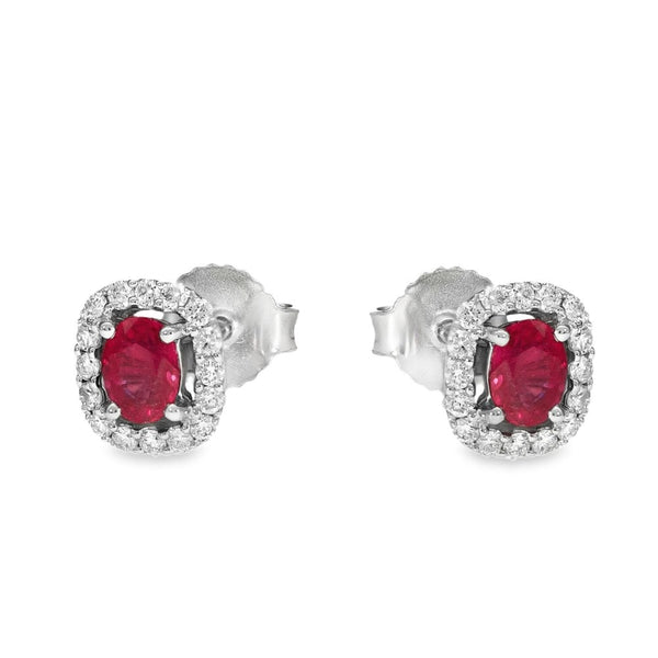 18ct White Gold Ruby & Diamond Cluster Earrings - 0.19ct