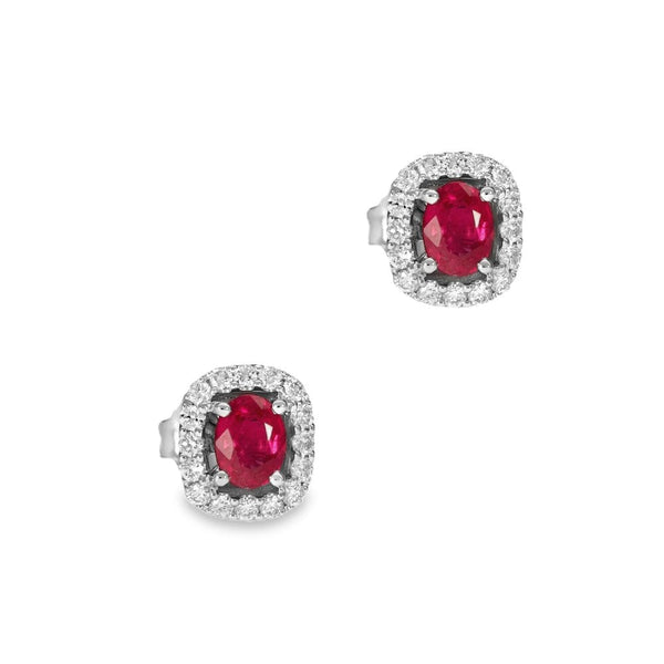 18ct White Gold Ruby & Diamond Cluster Earrings - 0.19ct