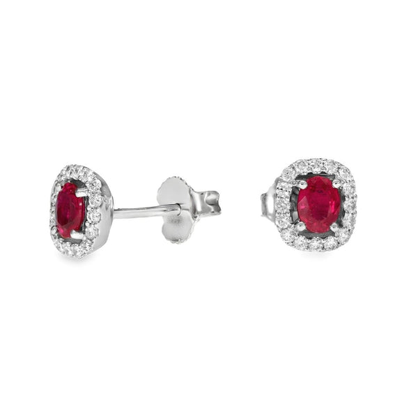 18ct White Gold Ruby & Diamond Cluster Earrings - 0.19ct