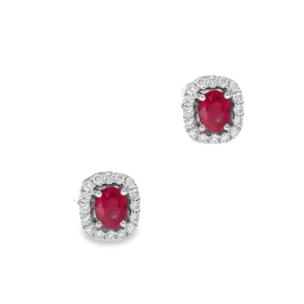 18ct White Gold Ruby & Diamond Cluster Earrings - 0.19ct