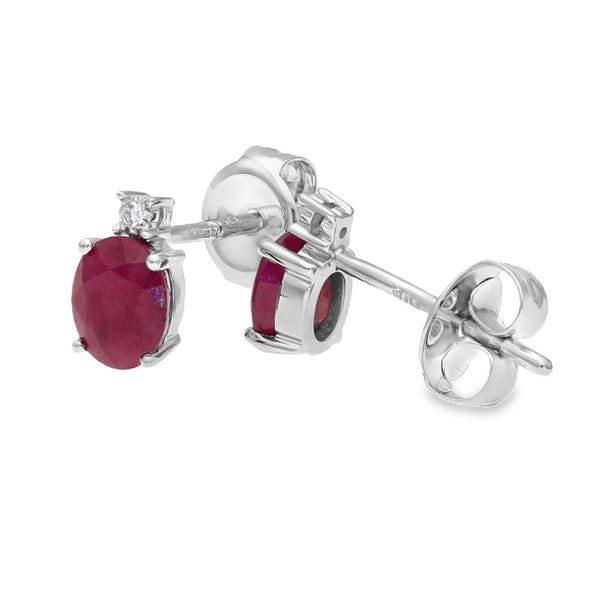 9ct White Gold Ruby & Diamond Stud Earrings - 0.01ct