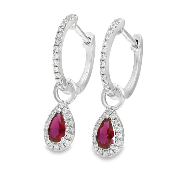 9ct White Gold Ruby & Diamond Pear Cut Drop Earrings - 0.13ct