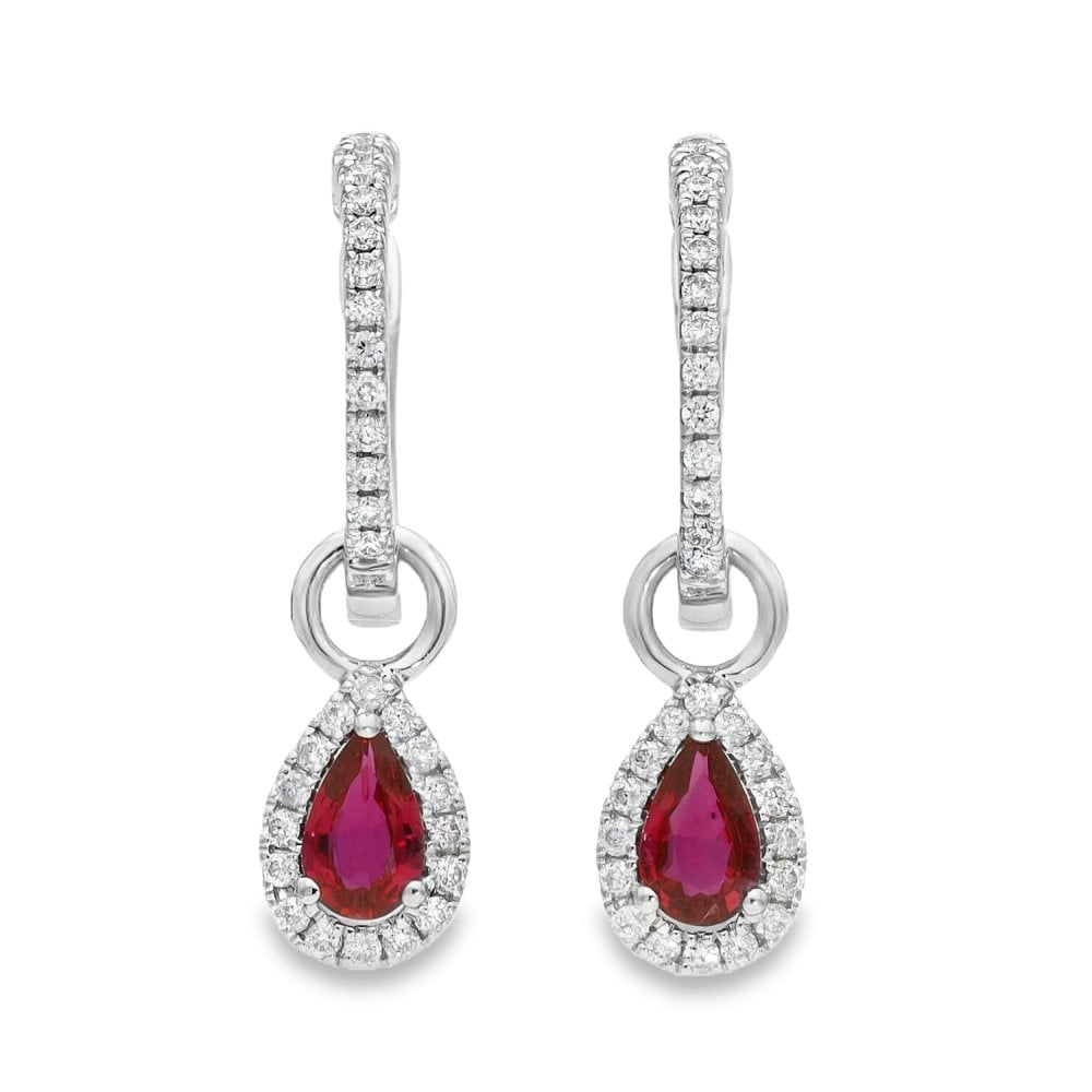 9ct White Gold Ruby & Diamond Pear Cut Drop Earrings - 0.13ct