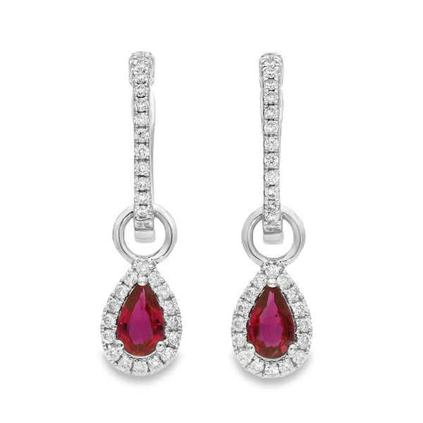 9ct White Gold Ruby & Diamond Pear Cut Drop Earrings - 0.13ct