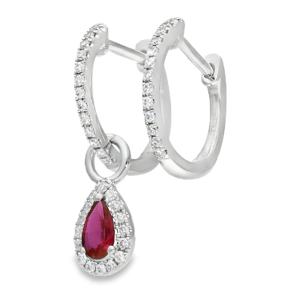 9ct White Gold Ruby & Diamond Pear Cut Drop Earrings - 0.13ct