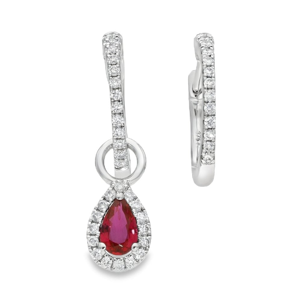 9ct White Gold Ruby & Diamond Pear Cut Drop Earrings - 0.13ct