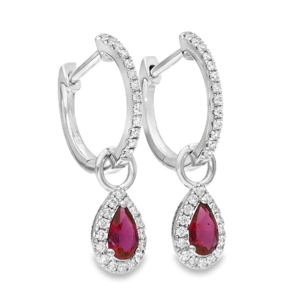 9ct White Gold Ruby & Diamond Pear Cut Drop Earrings - 0.13ct