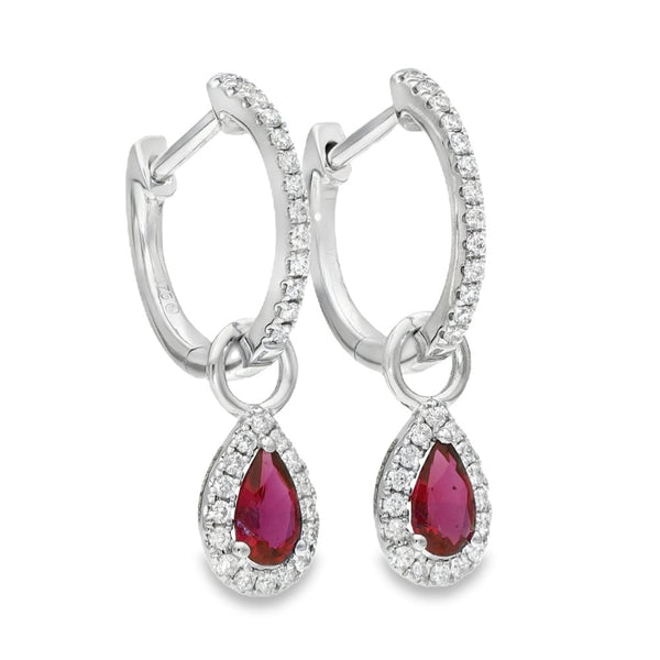 9ct White Gold Ruby & Diamond Pear Cut Drop Earrings - 0.13ct