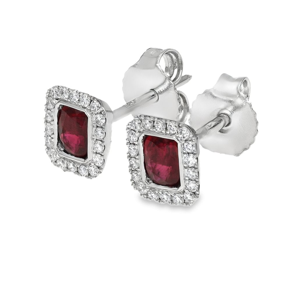 18ct White Gold Ruby & Diamond Cluster Stud Earrings - 0.12ct