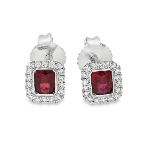 18ct White Gold Ruby & Diamond Cluster Stud Earrings - 0.12ct