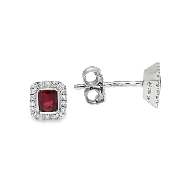 18ct White Gold Ruby & Diamond Cluster Stud Earrings - 0.12ct