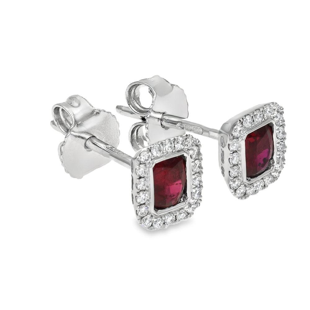 18ct White Gold Ruby & Diamond Cluster Stud Earrings - 0.12ct