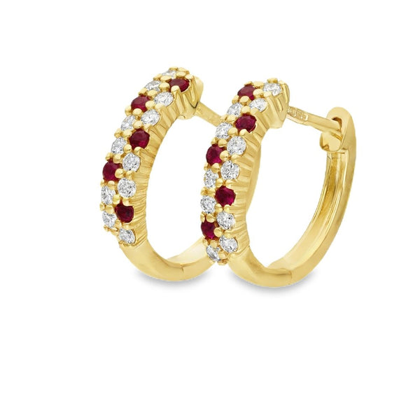 9ct Yellow Gold Ruby & Diamond Hoop Earrings - 0.22ct