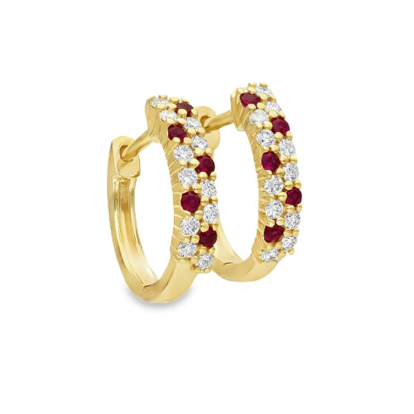 9ct Yellow Gold Ruby & Diamond Hoop Earrings - 0.22ct