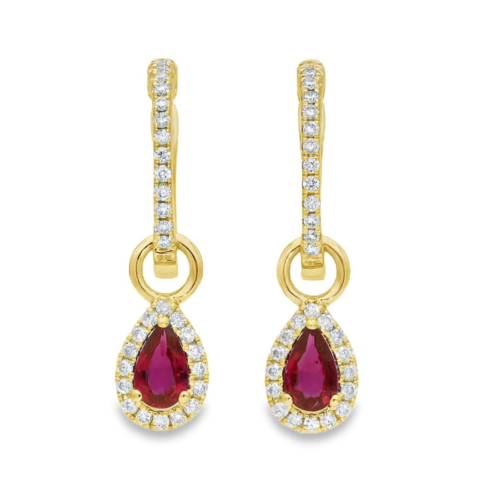 9ct Yellow Gold Ruby & Diamond Pear Cut Drop Earrings - 0.13ct
