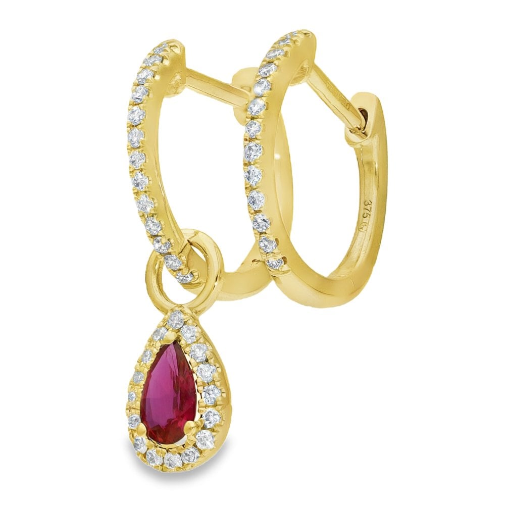 9ct Yellow Gold Ruby & Diamond Pear Cut Drop Earrings - 0.13ct