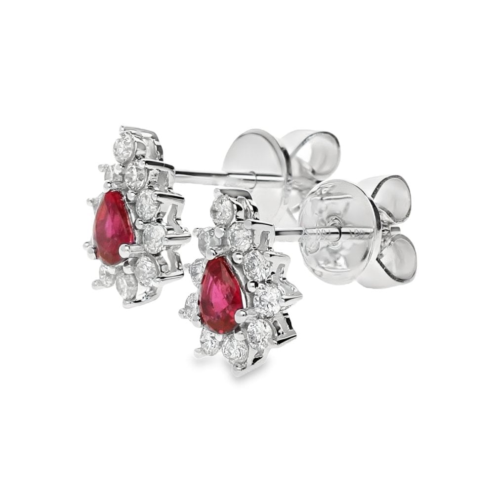18ct White Gold Ruby & Diamond Cluster Earrings - 0.36ct