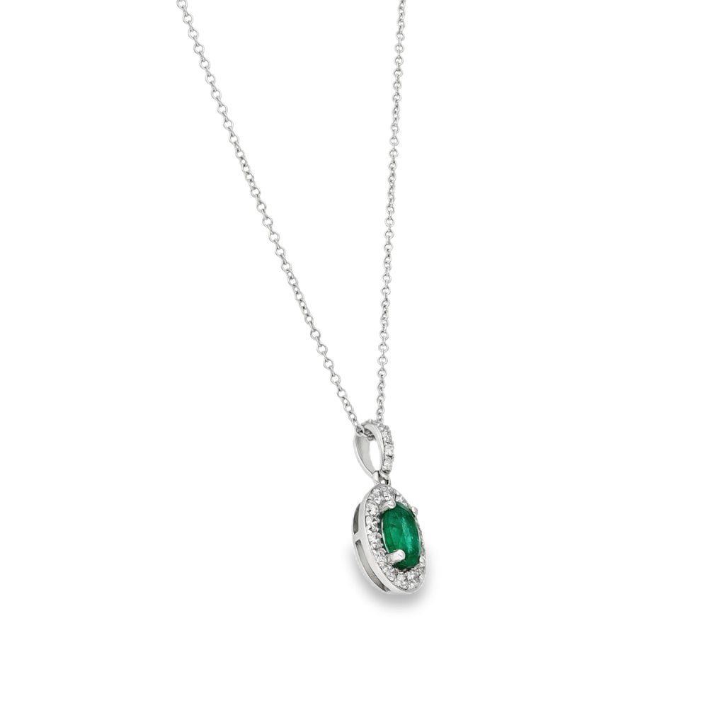18ct White Gold Emerald & Diamond Cluster Pendant & Necklace