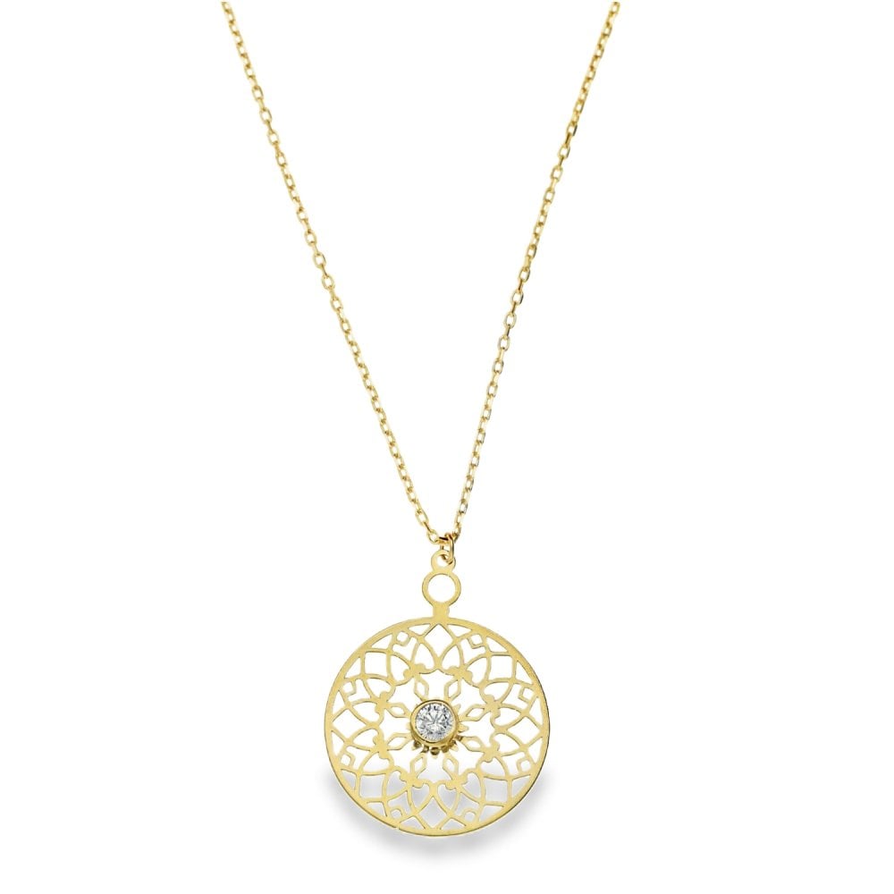 Ladies 9ct Yellow Gold Stone Set Circle Pendant & Chain