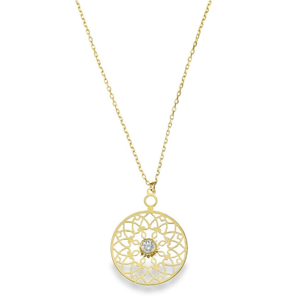 Ladies 9ct Yellow Gold Stone Set Circle Pendant & Chain