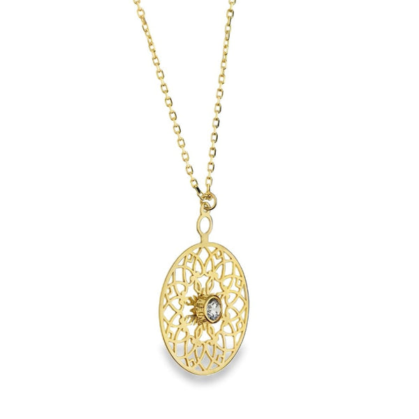 Ladies 9ct Yellow Gold Stone Set Circle Pendant & Chain