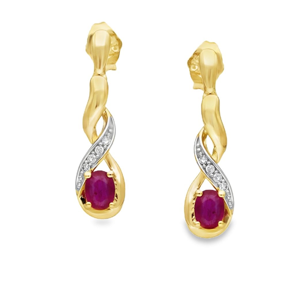 9ct Yellow Gold Diamond & Ruby Drop Earrings - 0.03ct