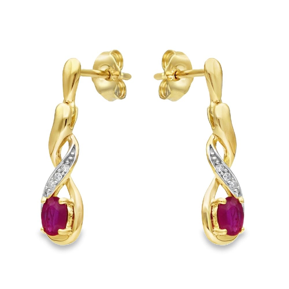 9ct Yellow Gold Diamond & Ruby Drop Earrings - 0.03ct