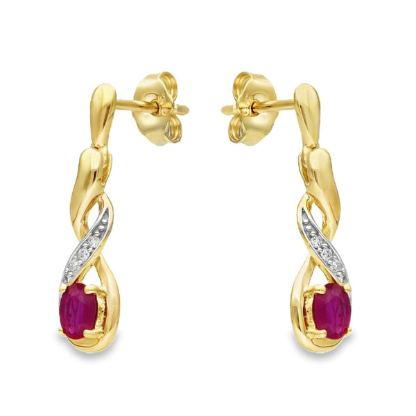 9ct Yellow Gold Diamond & Ruby Drop Earrings - 0.03ct