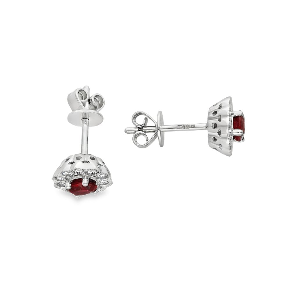 18ct White Gold Ruby & Diamond Cluster Stud Earrings - 0.24ct