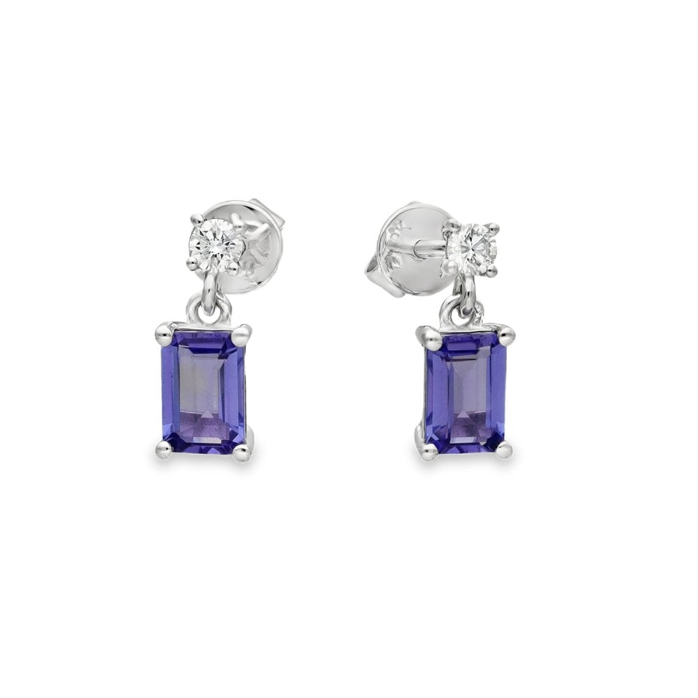 9ct White Gold Tanzanite & Diamond Stud Earrings - 0.12ct