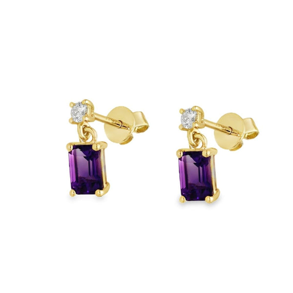 9ct Yellow Gold Amethyst & Diamond Drop Earrings - 0.12ct