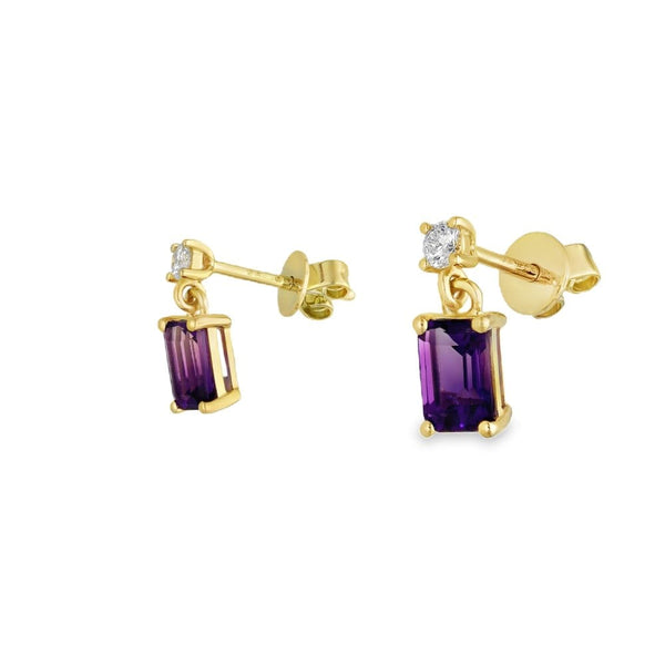 9ct Yellow Gold Amethyst & Diamond Drop Earrings - 0.12ct