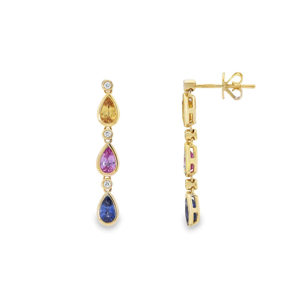 9ct Yellow Gold Pear Shape Sapphire & Diamond Earrings - 4x27mm