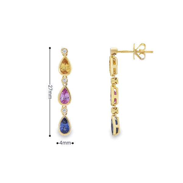 9ct Yellow Gold Pear Shape Sapphire & Diamond Earrings - 4x27mm