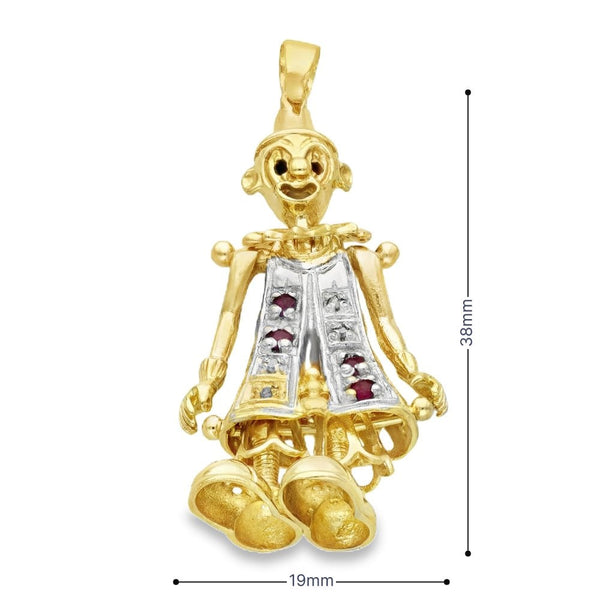 9ct Yellow Gold Ruby & Diamond Set Clown Pendant - 6.2g