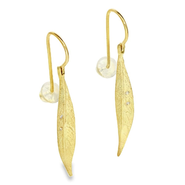 9ct Yellow Gold Cubic Zirconia Leaf Drop Earrings - 1.5g