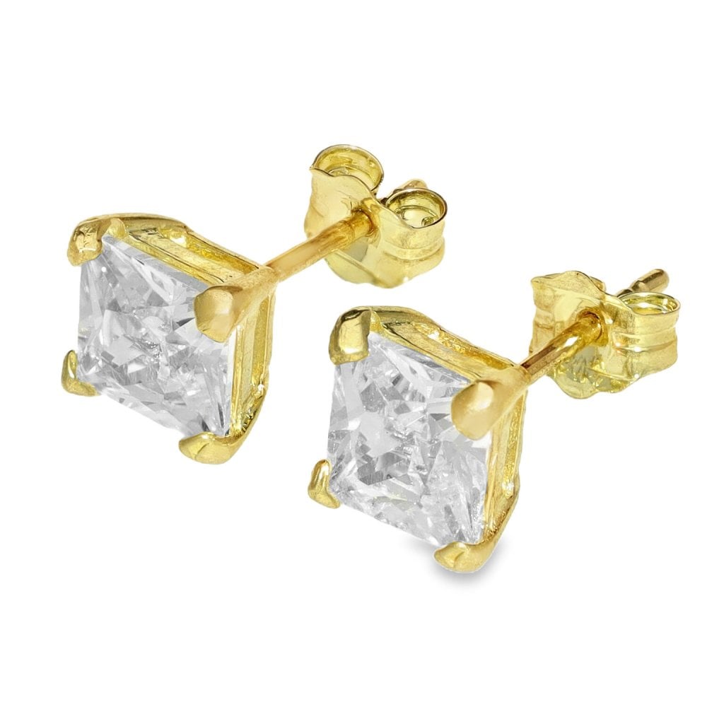 9ct Yellow Gold Princess Cut Cubic Zirconia Earrings - 1.6g