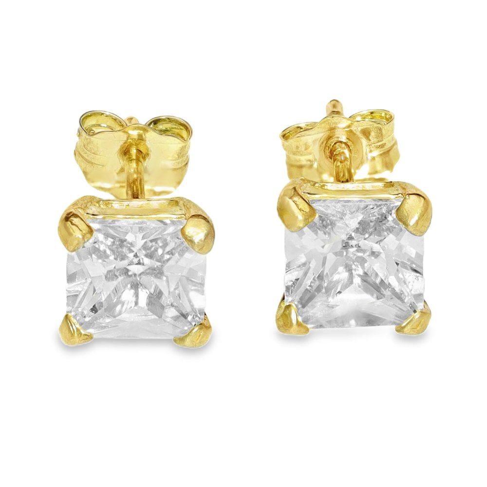 9ct Yellow Gold Princess Cut Cubic Zirconia Earrings - 1.6g