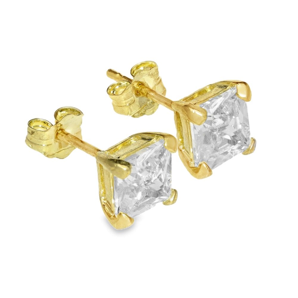 9ct Yellow Gold Princess Cut Cubic Zirconia Earrings - 1.6g