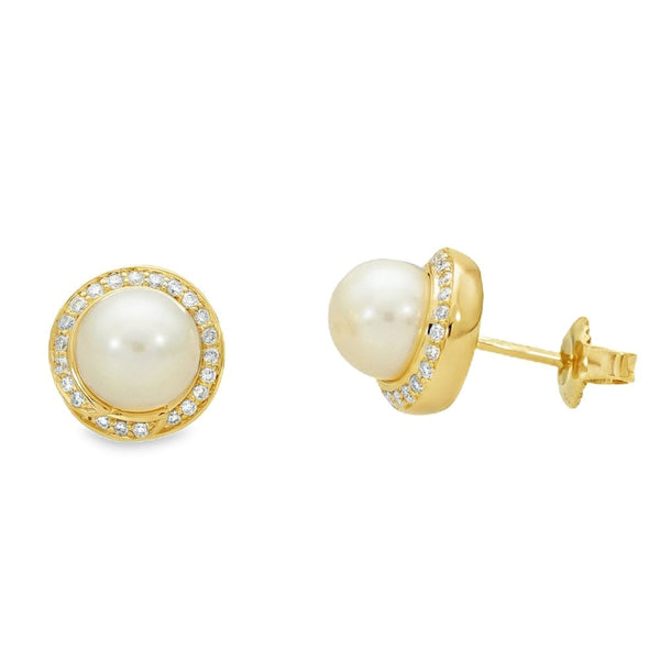9ct Yellow Gold Cultured Pearl & Diamond Stud Earrings - 0.21ct