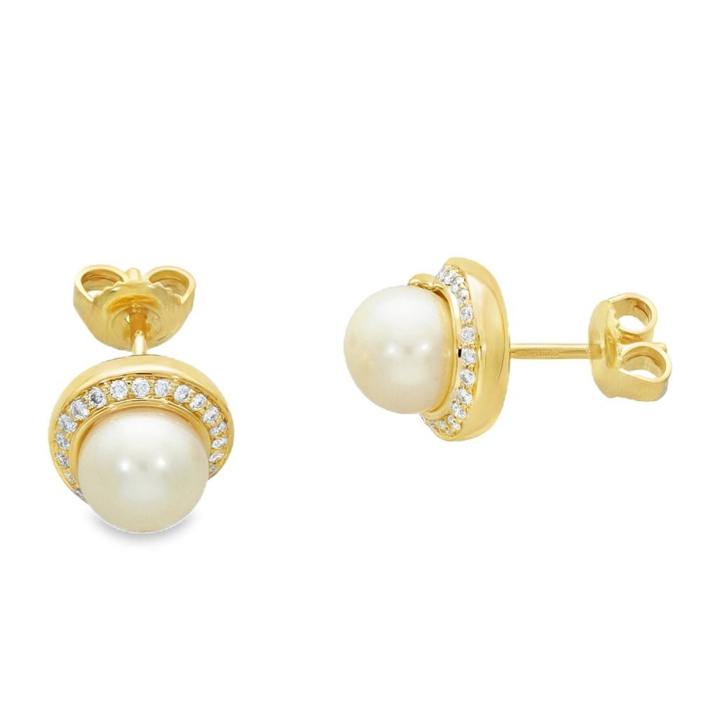 9ct Yellow Gold Cultured Pearl & Diamond Stud Earrings - 0.21ct