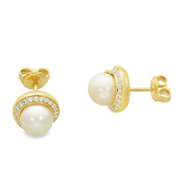 9ct Yellow Gold Cultured Pearl & Diamond Stud Earrings - 0.21ct