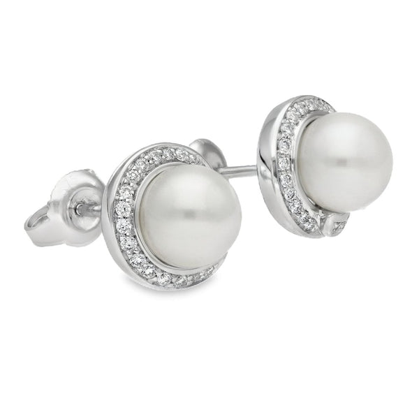 9ct White Gold Pearl & Diamond Halo Stud Earrings - 0.21ct