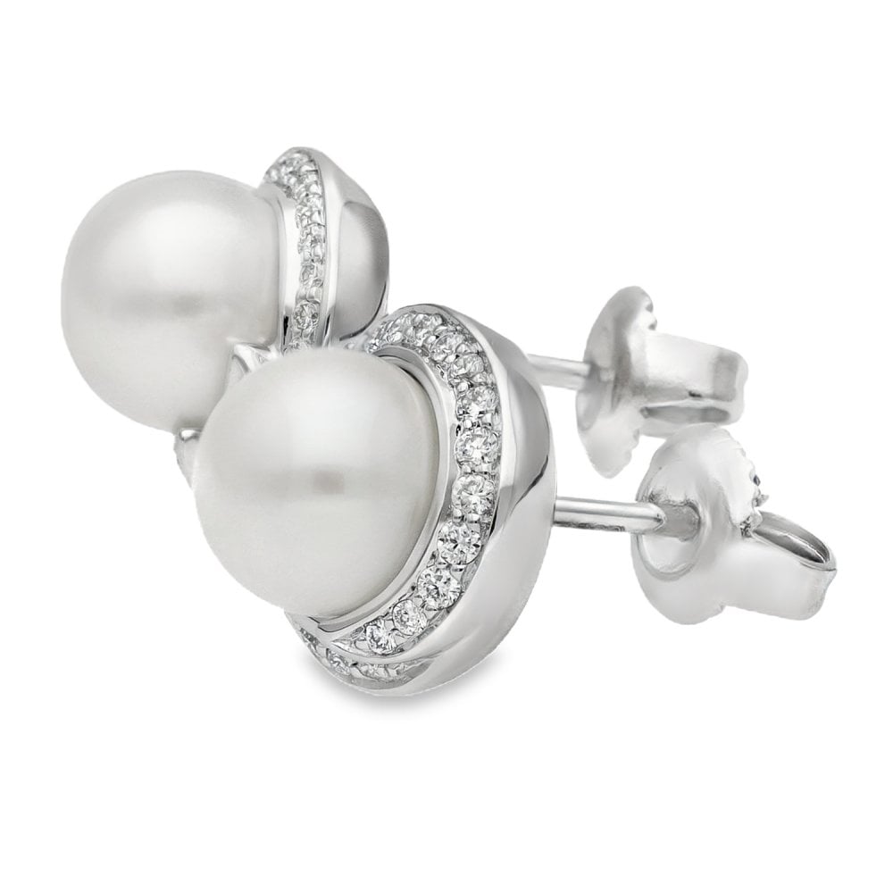 9ct White Gold Pearl & Diamond Halo Stud Earrings - 0.21ct