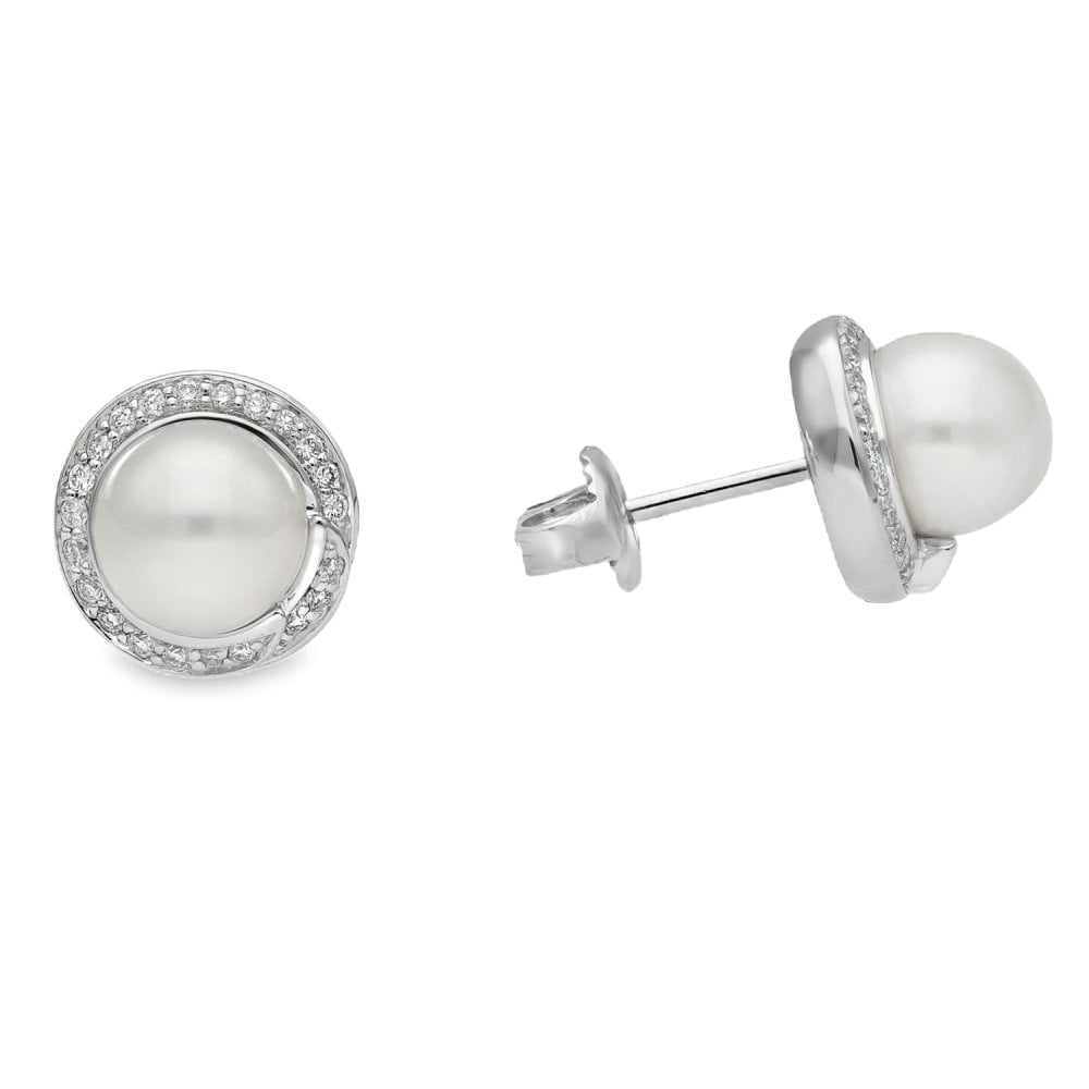 9ct White Gold Pearl & Diamond Halo Stud Earrings - 0.21ct