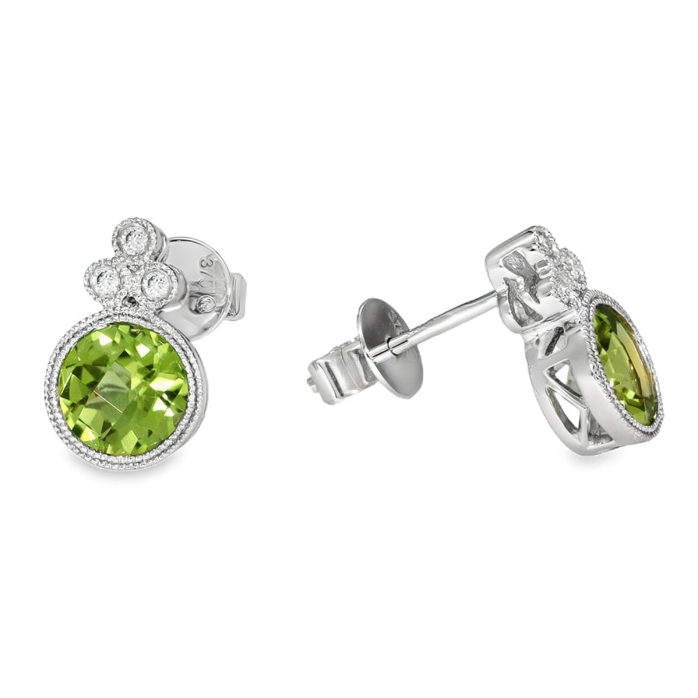 9ct White Gold Peridot & Diamond Stud Earrings - 0.07ct