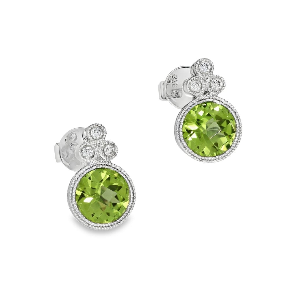 9ct White Gold Peridot & Diamond Stud Earrings - 0.07ct